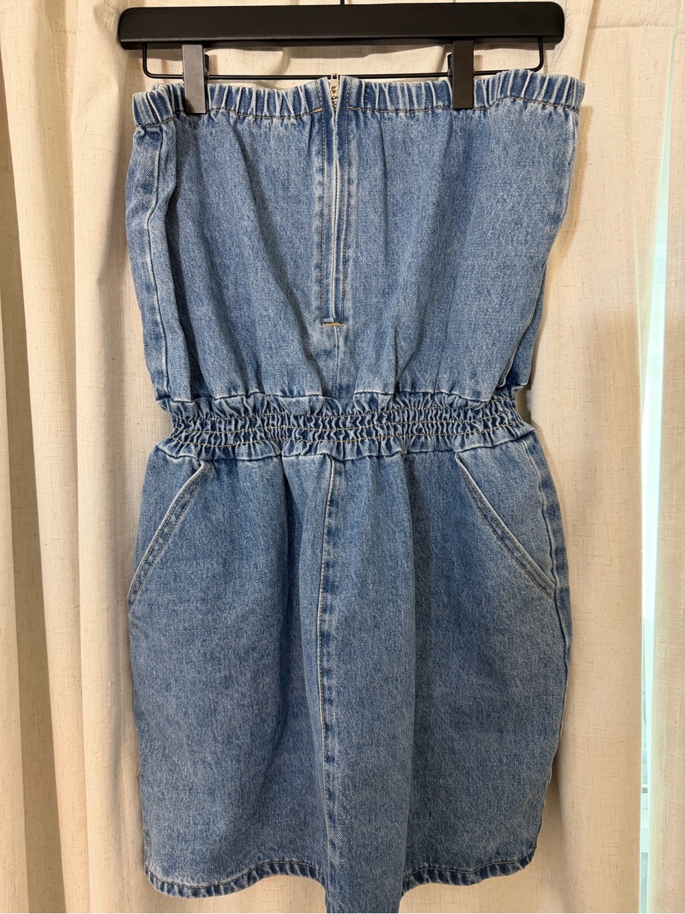 Strapless Light Blue Denim Sundress with Elastic Waist